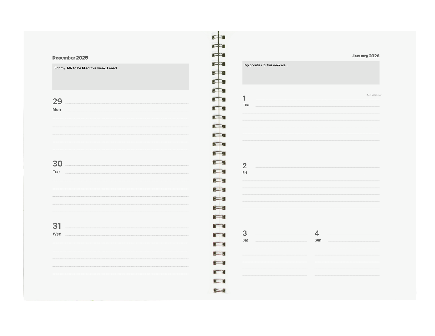 Spiral-bound planner with a two-month layout from December 2025 to January 2026.