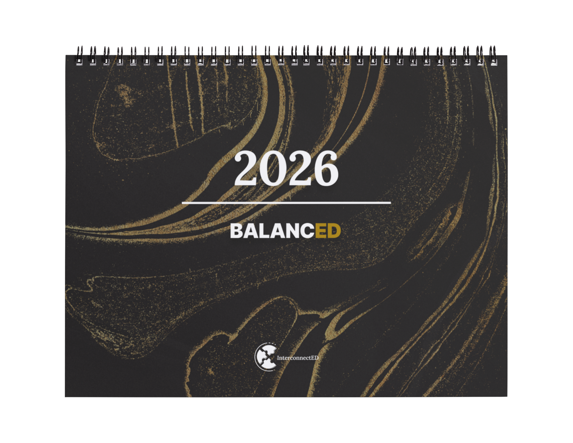 2026 calendar with abstract design and 'BALANCE ED' branding on a black background
