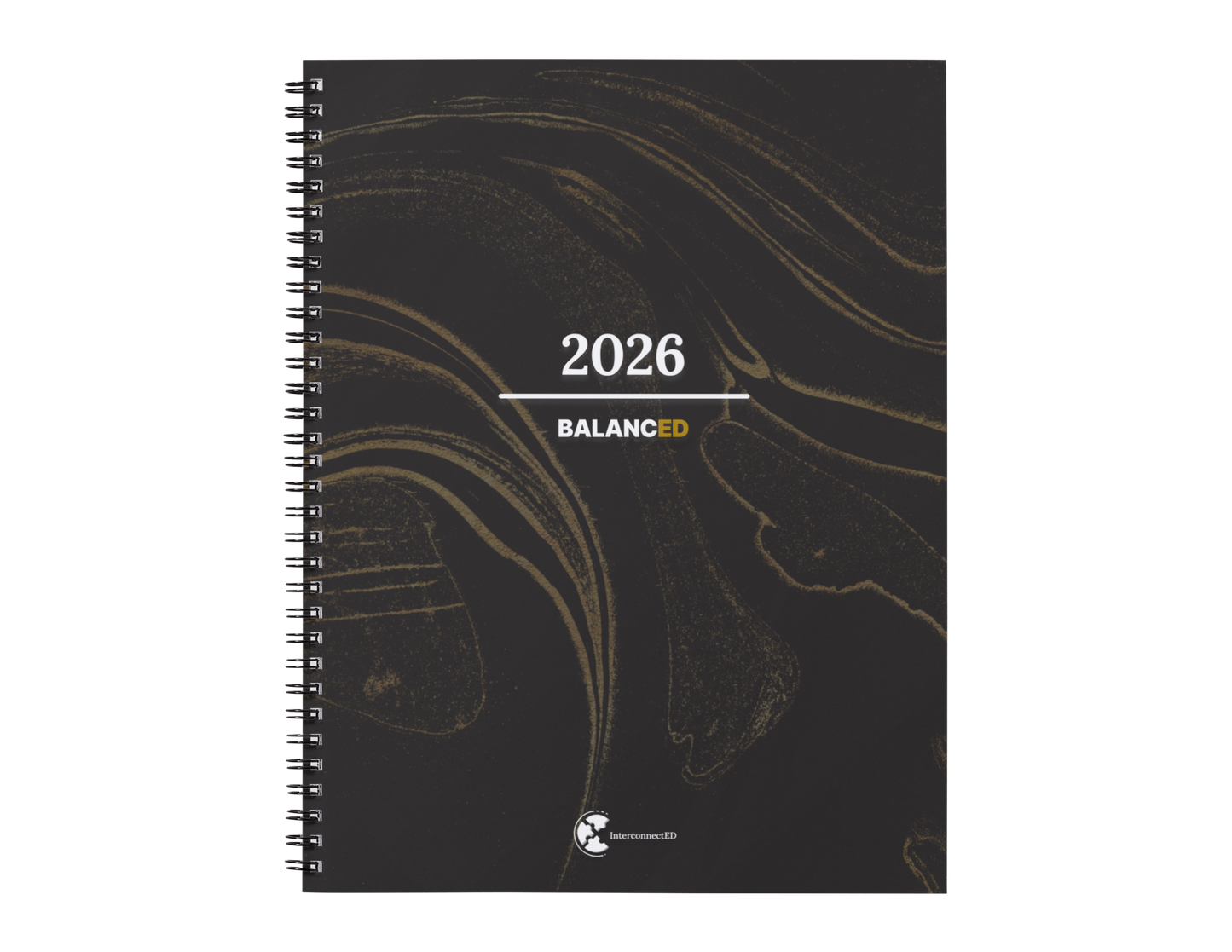 Black spiral-bound notebook with '2026 BALANCE' text on a white background