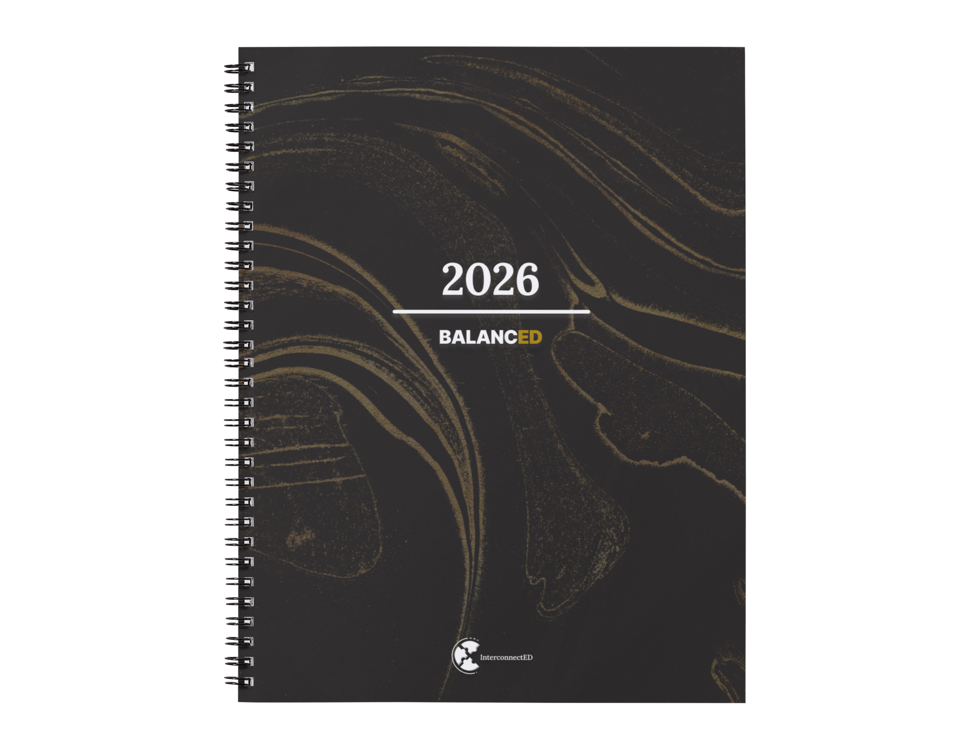 Black spiral-bound notebook with '2026 BALANCE' text on a white background