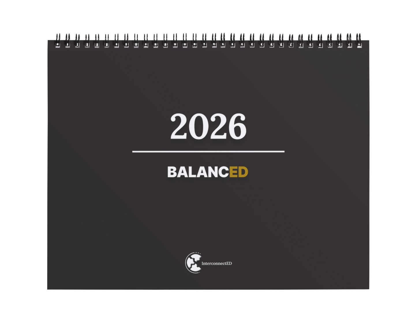 Black spiral-bound calendar for 2026 with 'Balanced' branding on a white background