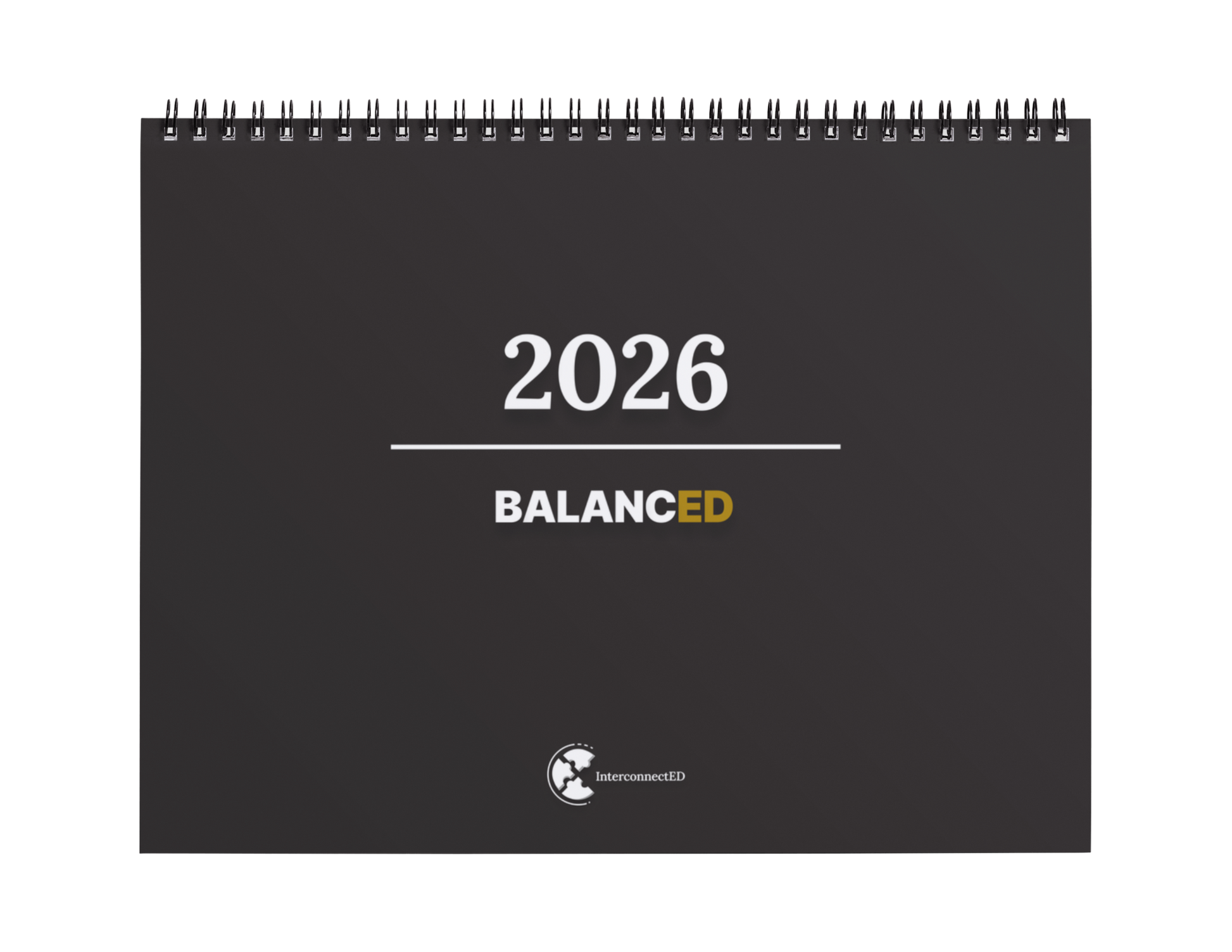 Black spiral-bound calendar for 2026 with 'Balanced' branding on a white background