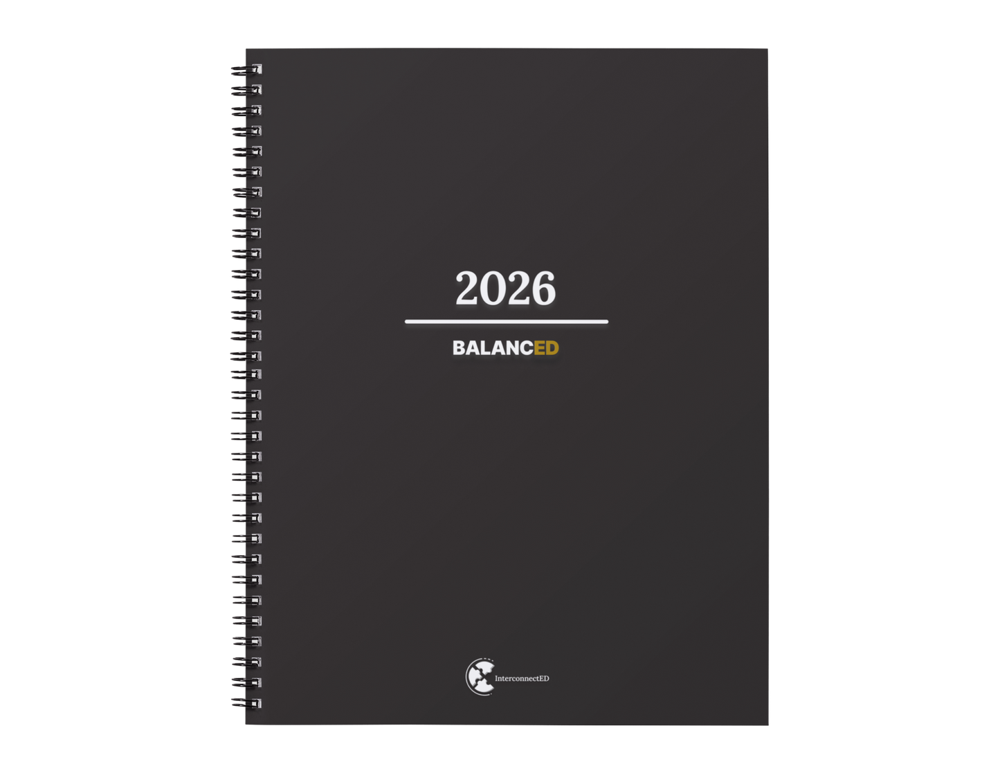 Black spiral-bound notebook with '2026' and 'BALANCEED' text on a white background