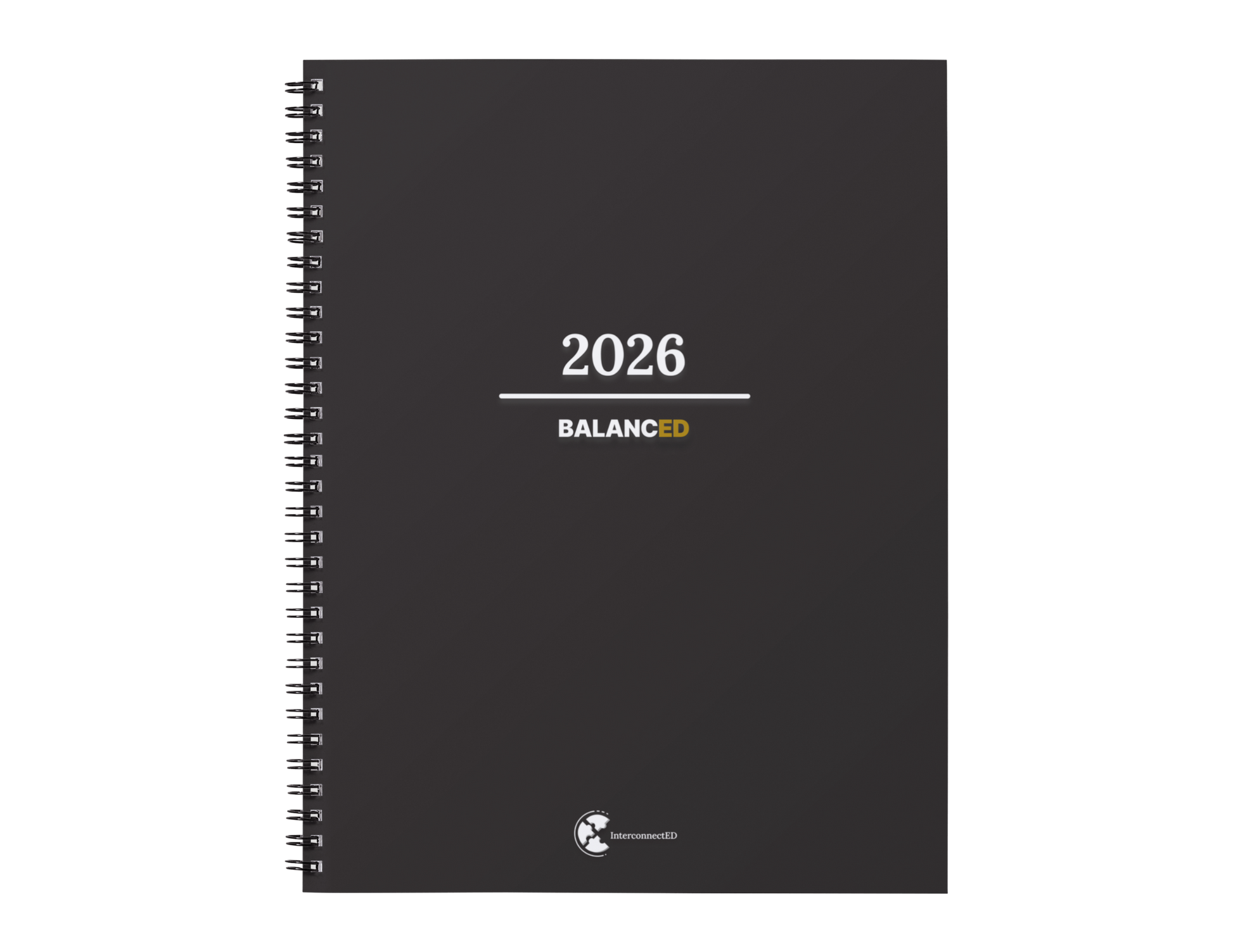 Black spiral-bound notebook with '2026' and 'BALANCEED' text on a white background