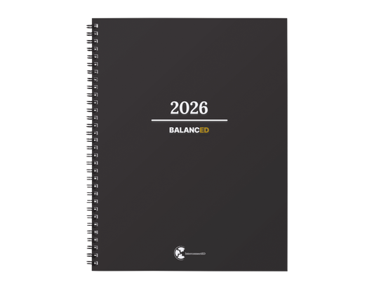 Black spiral-bound notebook with '2026' and 'BALANCEED' text on a white background