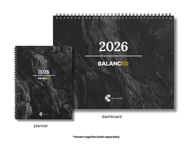 Two planners, one labeled 'planner' and the other 'dashboard', with a marble design and '2026 Balanced' text.