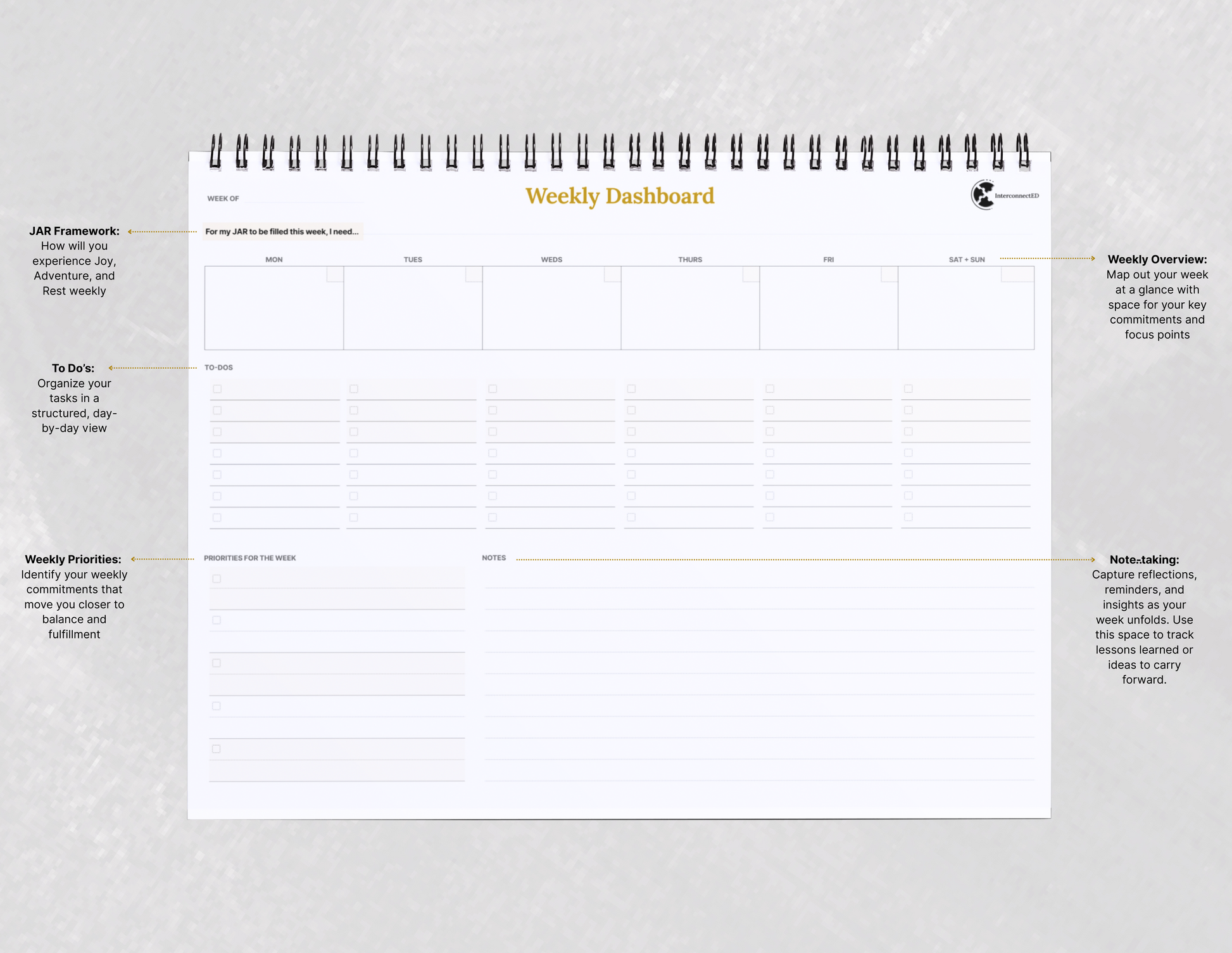 Weekly dashboard planner on a light gray background
