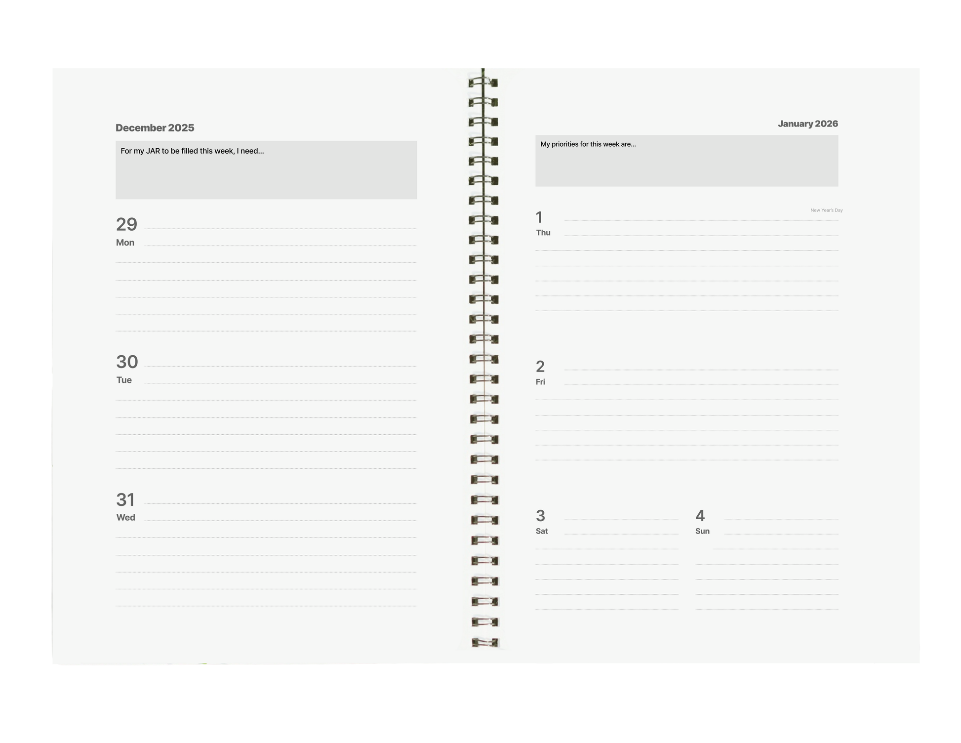 Spiral-bound planner with a two-month layout from December 2025 to January 2026.
