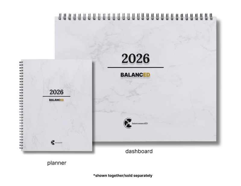 Two spiral-bound planners labeled 'planner' and 'dashboard' with '2026 Balanced' branding on a white background.