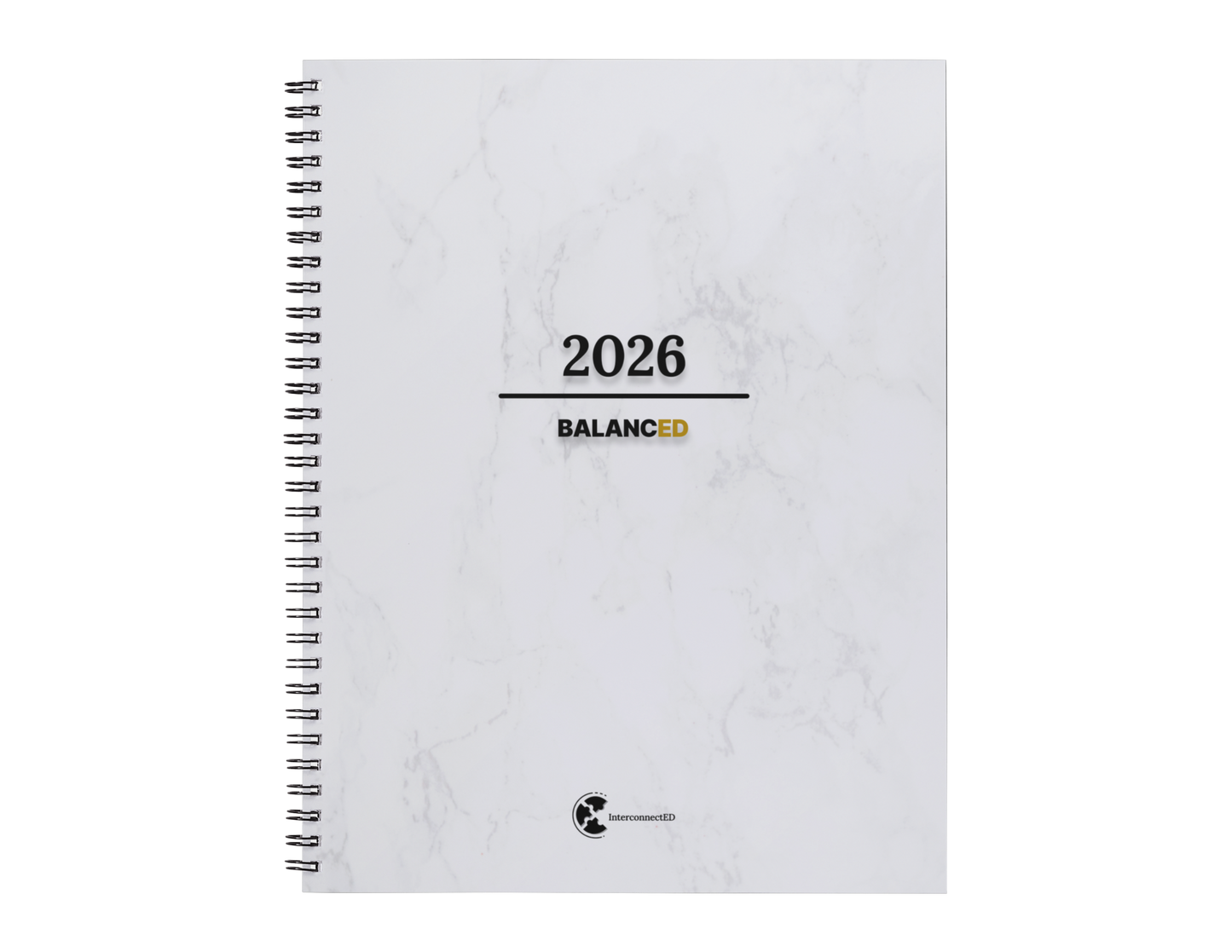 Spiral-bound notebook with '2026' and 'BALANCE' branding on a white background