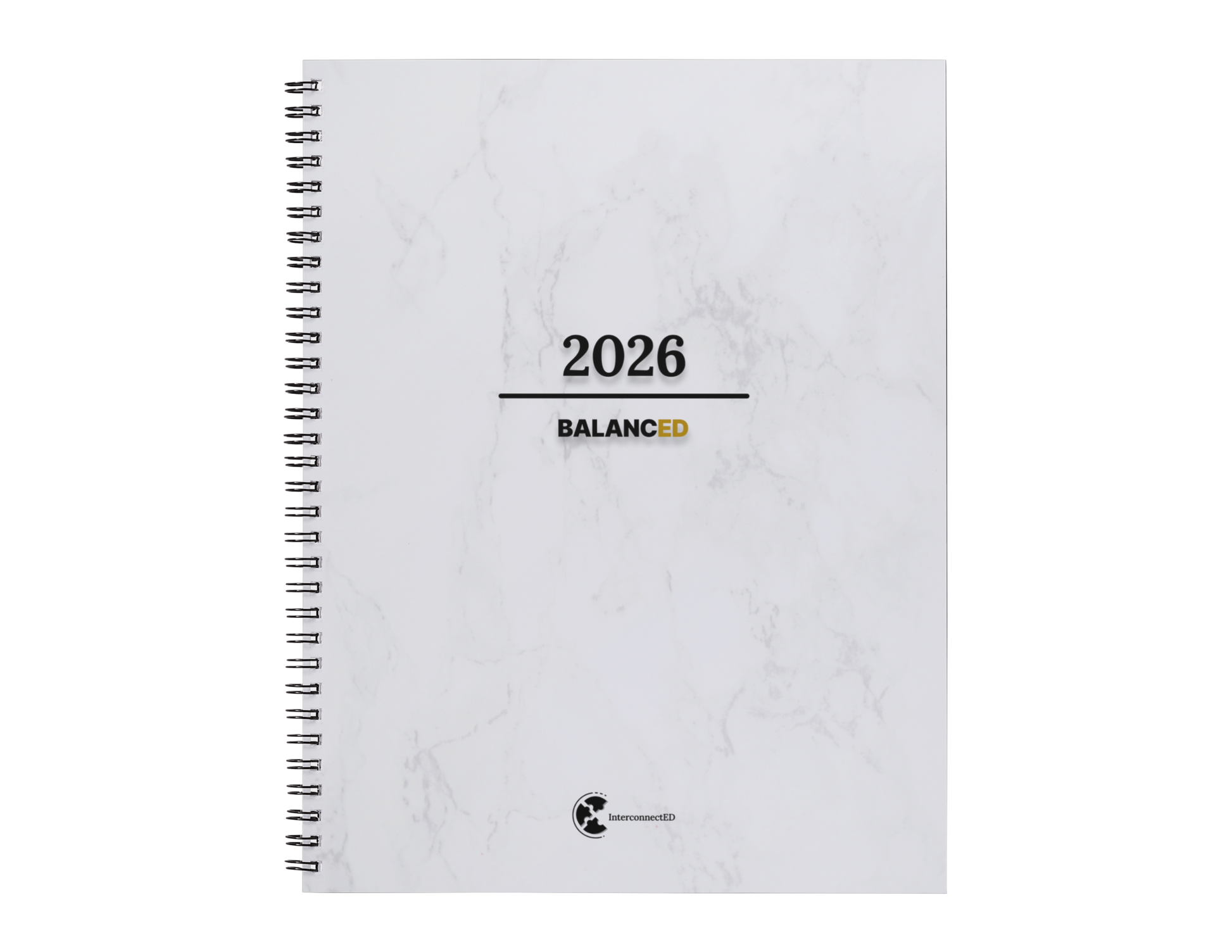 Spiral-bound notebook with '2026' and 'BALANCE' branding on a white background